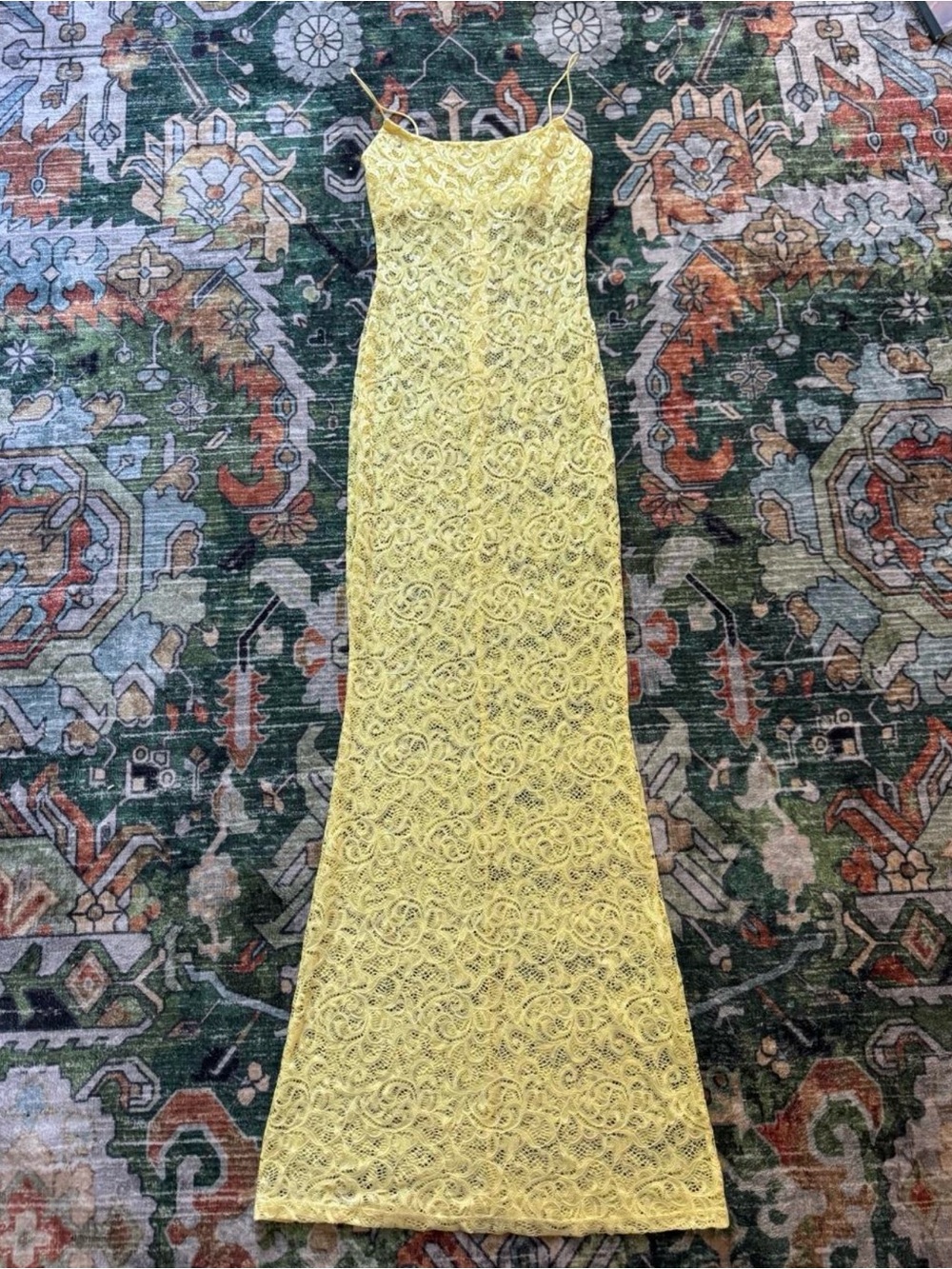 White Fox Yellow Lace Slip Dress with Spaghetti Straps